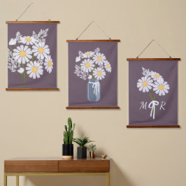 White Daisy Flowers Bouquet Dark Paarse set van 3 Hangend Wandkleed