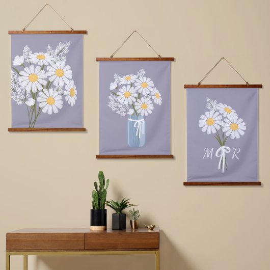 White Daisy Flowers Bouquet Lavender Set van 3 Hangend Wandkleed (Asymmetrisch)