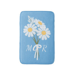 White Daisy Flowers Bouquet Monogram op Blauw Badmat