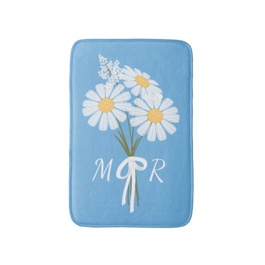 White Daisy Flowers Bouquet Monogram op Blauw Badmat (Voorkant Verticaal)