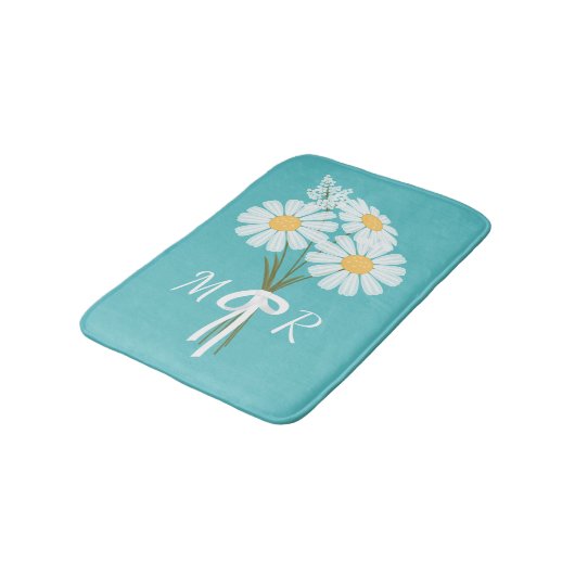 White Daisy Flowers Bouquet Monogram op Blauwgroen Badmat (Gekanteld)