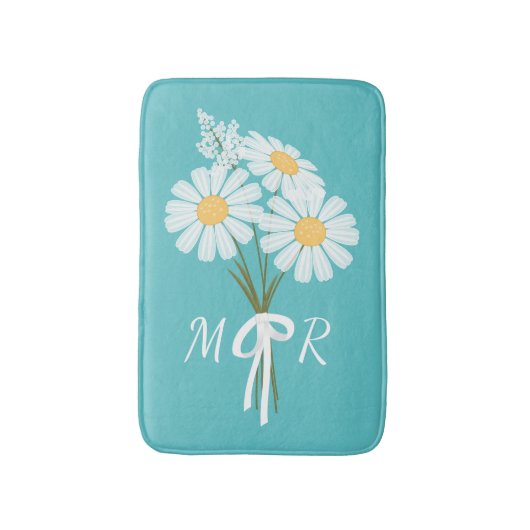 White Daisy Flowers Bouquet Monogram op Blauwgroen Badmat (Voorkant Verticaal)