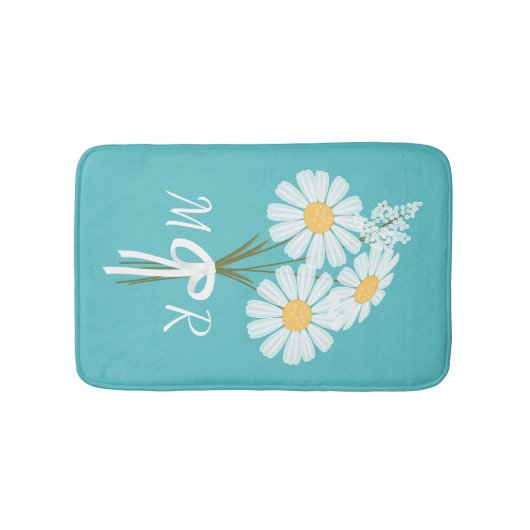 White Daisy Flowers Bouquet Monogram op Blauwgroen Badmat (Voorkant)