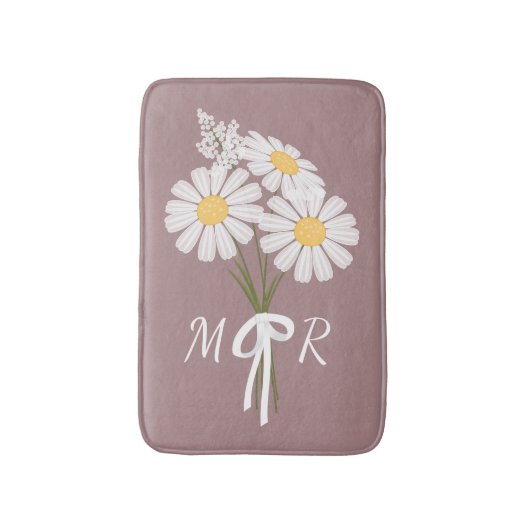 White Daisy Flowers Bouquet Monogram op donkerroze Badmat (Voorkant Verticaal)
