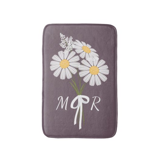 White Daisy Flowers Bouquet Monogram op Plum Badmat (Voorkant Verticaal)