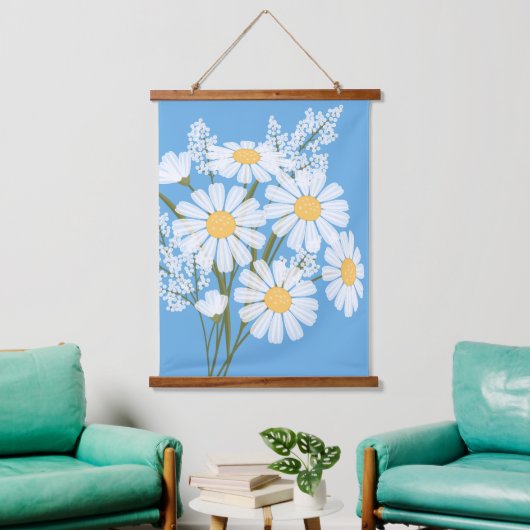 White Daisy Flowers Bouquet op Blue Hangend Wandkleed (Woonkamer)