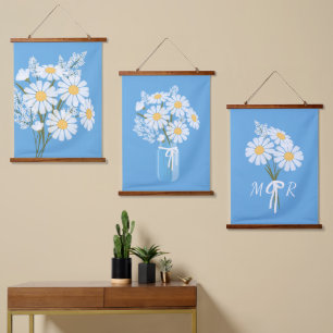 White Daisy Flowers Bouquet op Blue Set van 3 Hangend Wandkleed