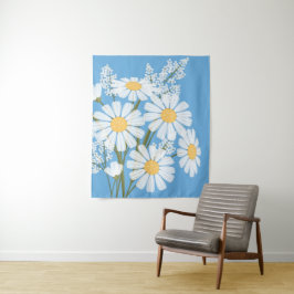 White Daisy Flowers Bouquet op Blue Wandkleed