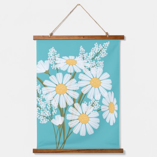 White Daisy Flowers Bouquet over Blauwgroen Hangend Wandkleed (Voorkant)
