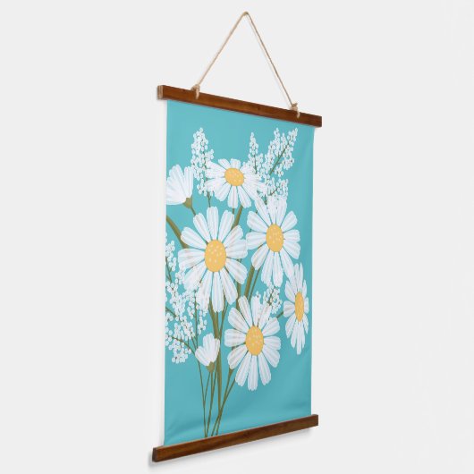 White Daisy Flowers Bouquet over Blauwgroen Hangend Wandkleed (Gebogen)