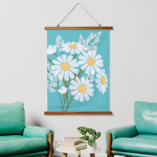 White Daisy Flowers Bouquet over Blauwgroen Hangend Wandkleed
