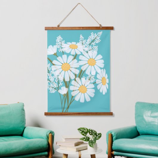 White Daisy Flowers Bouquet over Blauwgroen Hangend Wandkleed (Woonkamer)