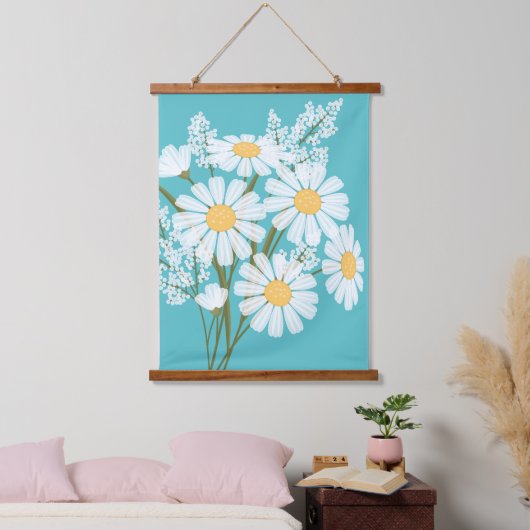 White Daisy Flowers Bouquet over Blauwgroen Hangend Wandkleed (Slaapkamer)
