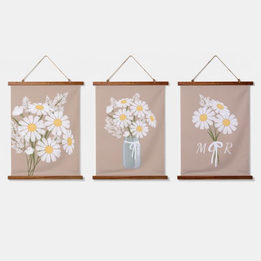 White Daisy Flowers Bouquet Rustic Beige Set van 3 Hangend Wandkleed (Driedubbel)