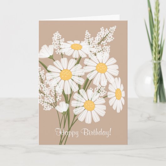 White Daisy Flowers op Beige Happy Birthday Kaart (Voorkant)