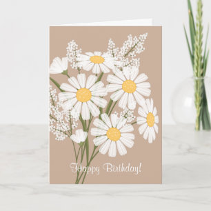 White Daisy Flowers op Beige Happy Birthday Kaart