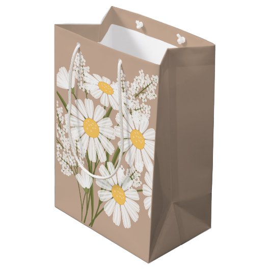 White Daisy Flowers op Beige Medium Cadeauzakje (Achterkant Gekanteld)