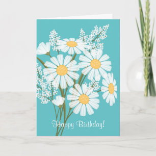 White Daisy Flowers op Blauwgroen Happy Birthday Kaart