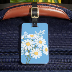 White Daisy Flowers op Blue Bagagelabel