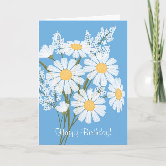 White Daisy Flowers op Blue Happy Birthday Kaart (Voorkant)