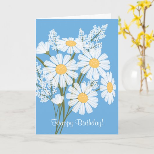 White Daisy Flowers op Blue Happy Birthday Kaart (Gele Bloem)