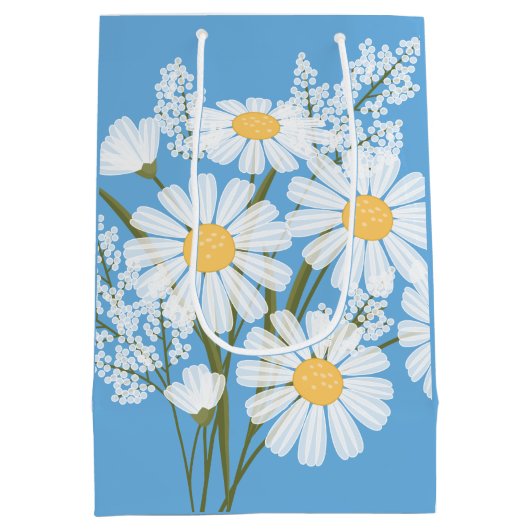 White Daisy Flowers op Blue Medium Cadeauzakje (Achterkant)