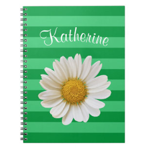 White Daisy Green Striped Custom Name Notitieboek
