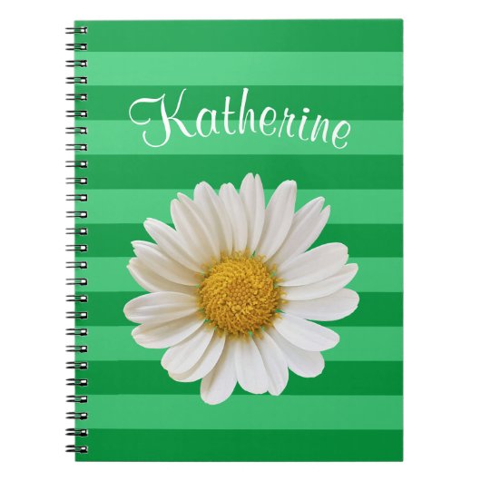 White Daisy Green Striped Custom Name Notitieboek (Voorkant)
