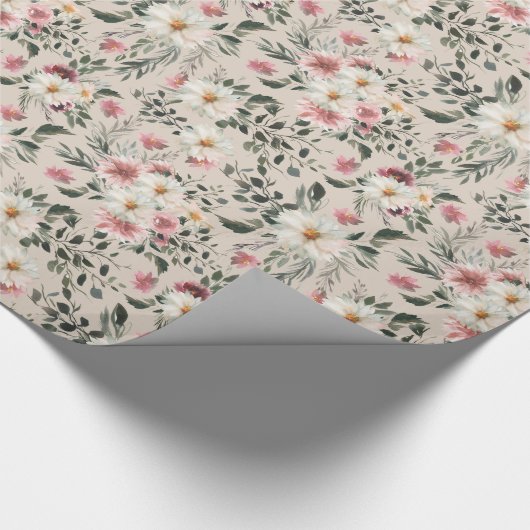 White Daisy met Mauve Garden Print Wrapping Paper Cadeaupapier (Hoek)