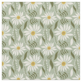 White Daisy Mint Floral Pattern Stof