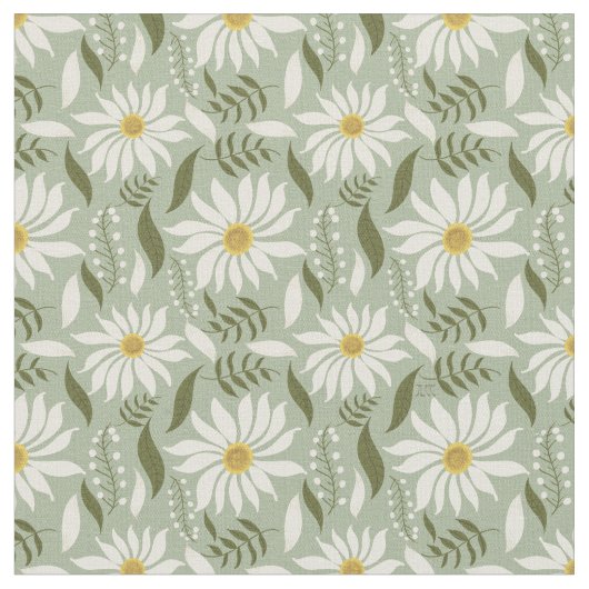 White Daisy Mint Floral Pattern Stof (Close Up)