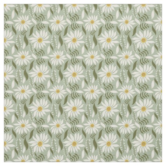 White Daisy Mint Floral Pattern Stof (Swatch)