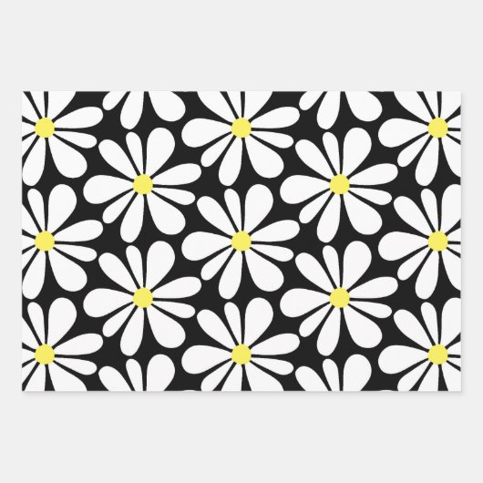 White Daisy on Black Floral Inpakpapier Vel (Voorkant 3)