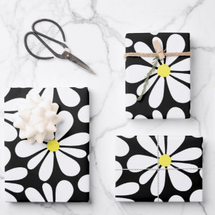 White Daisy on Black Floral Inpakpapier Vel