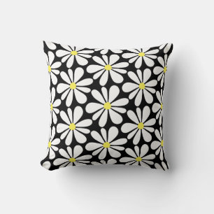 White Daisy on Black Floral Kussen