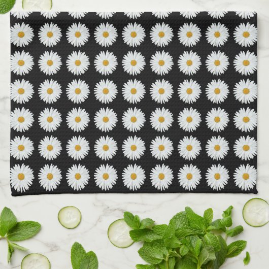 White Daisy on Black Floral Pattern Theedoek (Gevouwen)