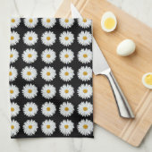 White Daisy on Black Floral Pattern Theedoek (Quarter Fold)