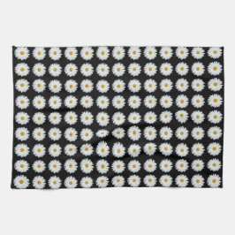 White Daisy on Black Floral Pattern Theedoek