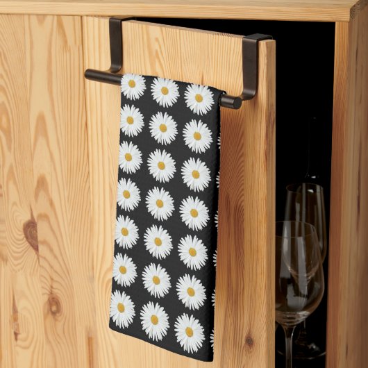 White Daisy on Black Floral Pattern Theedoek (Derde Gevouwen)