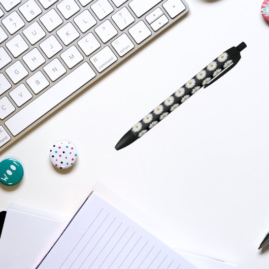 White Daisy on Black Floral Pattern Zwarte Inkt Pen