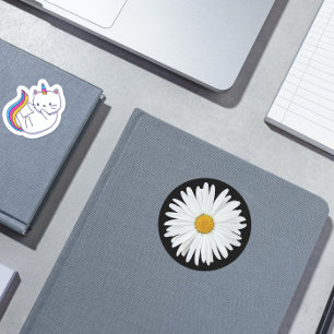 White Daisy on Black Floral Ronde Sticker