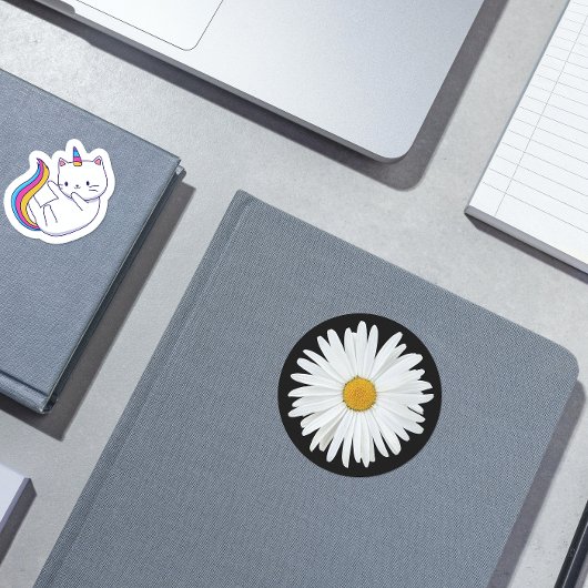 White Daisy on Black Floral Ronde Sticker