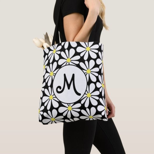 White Daisy on Black Floral Tote Bag