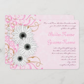 White Daisy on Pink Damask Wedding Invitation Kaart (Voorkant / Achterkant)