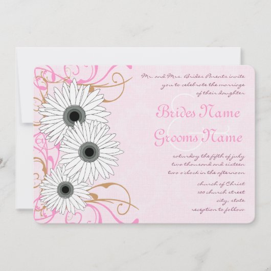 White Daisy on Pink Damask Wedding Invitation Kaart (Voorkant)