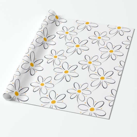 White Daisy Pattern Cadeaupapier (Uitgerold)