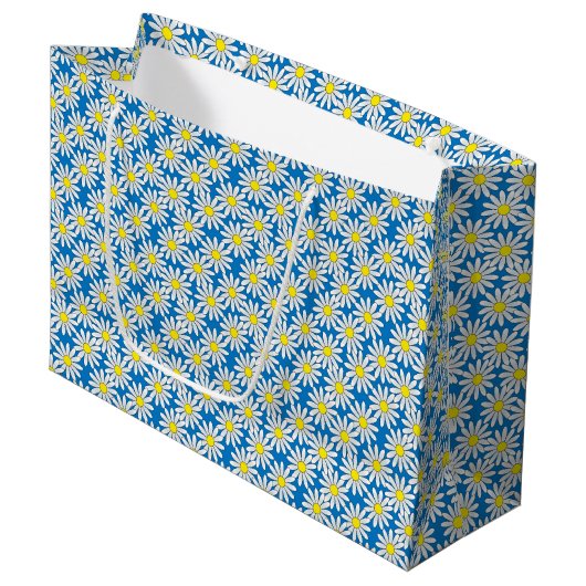 White Daisy Pattern on Blue Large Gift Bag Cadeautasje (Voorkant Gekanteld)