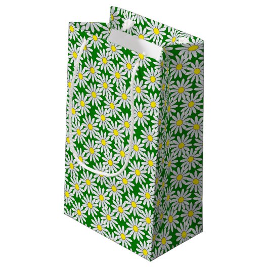 White Daisy Pattern on Green Small Gift Bag Klein Cadeauzakje (Achterkant Gekanteld)