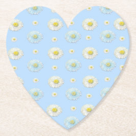White Daisy Pattern on Light Blue Heart Kartonnen Onderzetters