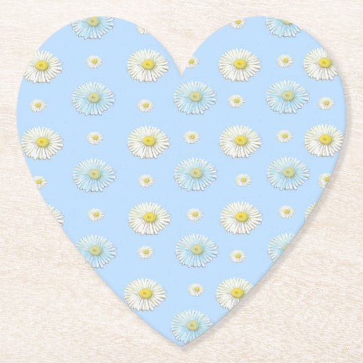 White Daisy Pattern on Light Blue Heart Kartonnen Onderzetters (Voorkant)
